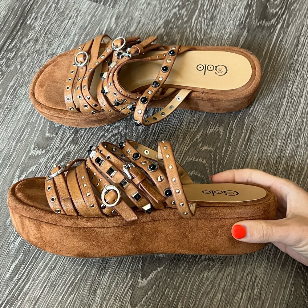 Free People Tan Brown Studded Platform Slide Sandals